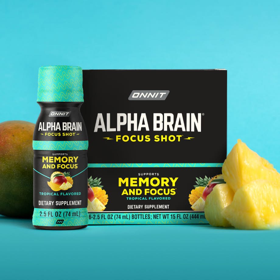 Alpha brain focus shot tropical flavor bottle.