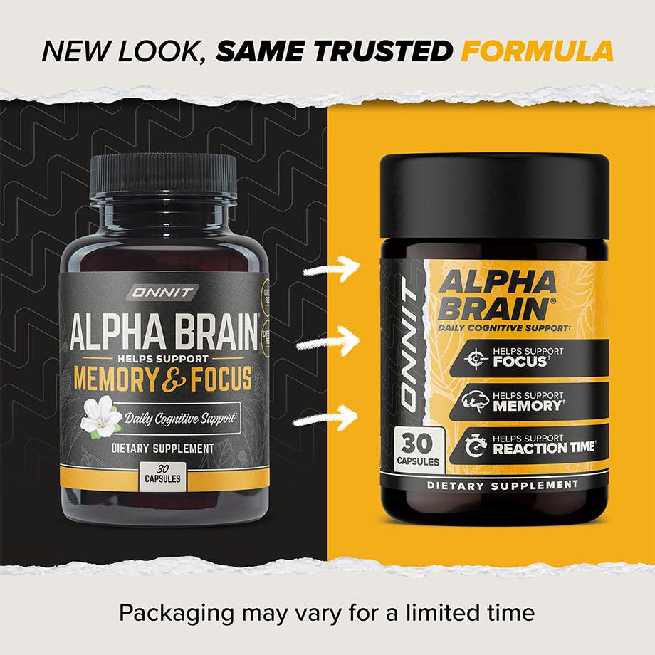 Two bottles of alpha brain with before and after label redesign