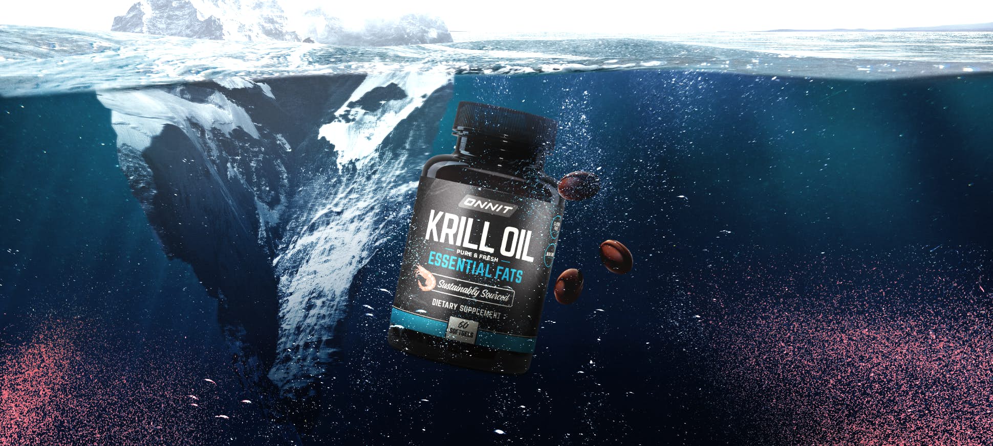 Bottle of Krill Oil floating under Alaskan sea