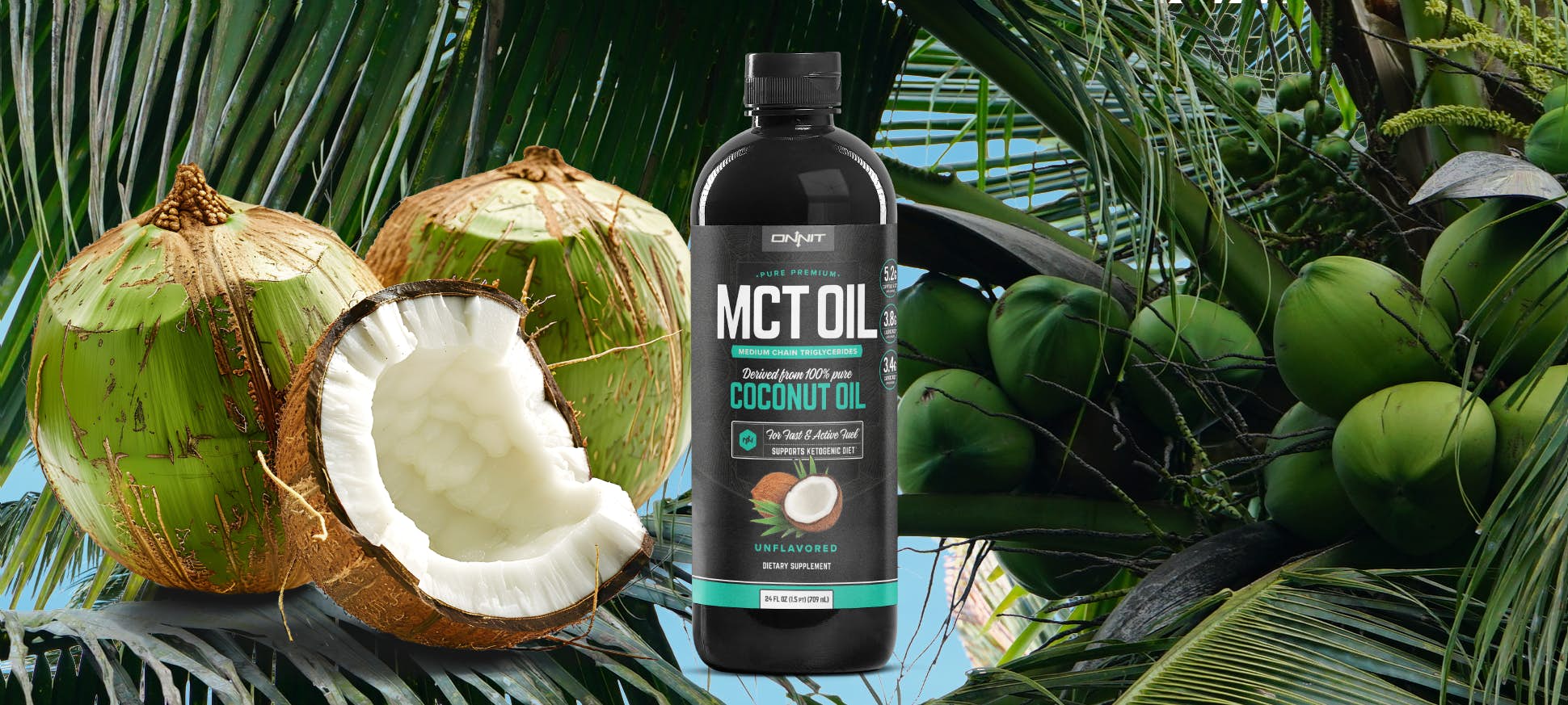 Bottle of MCT oil with coconuts in the background