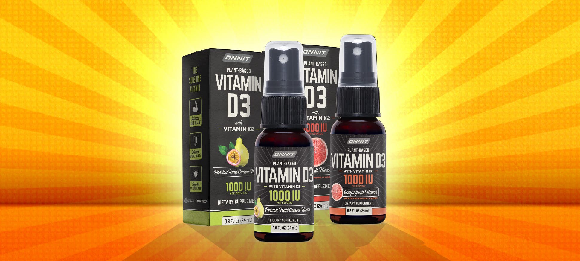Both flavors of Vitamin D3 Spray in front of illustrated sunset